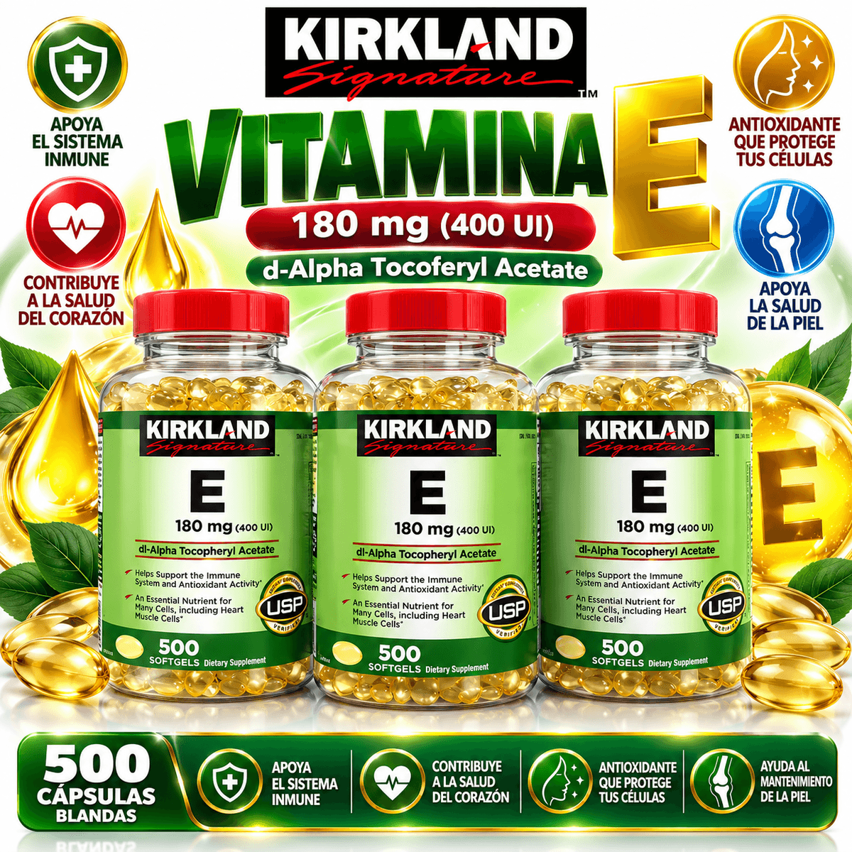 Kirkland Signature Vitamina E 180 mg (400 UI) – 500 Cápsulas Blandas