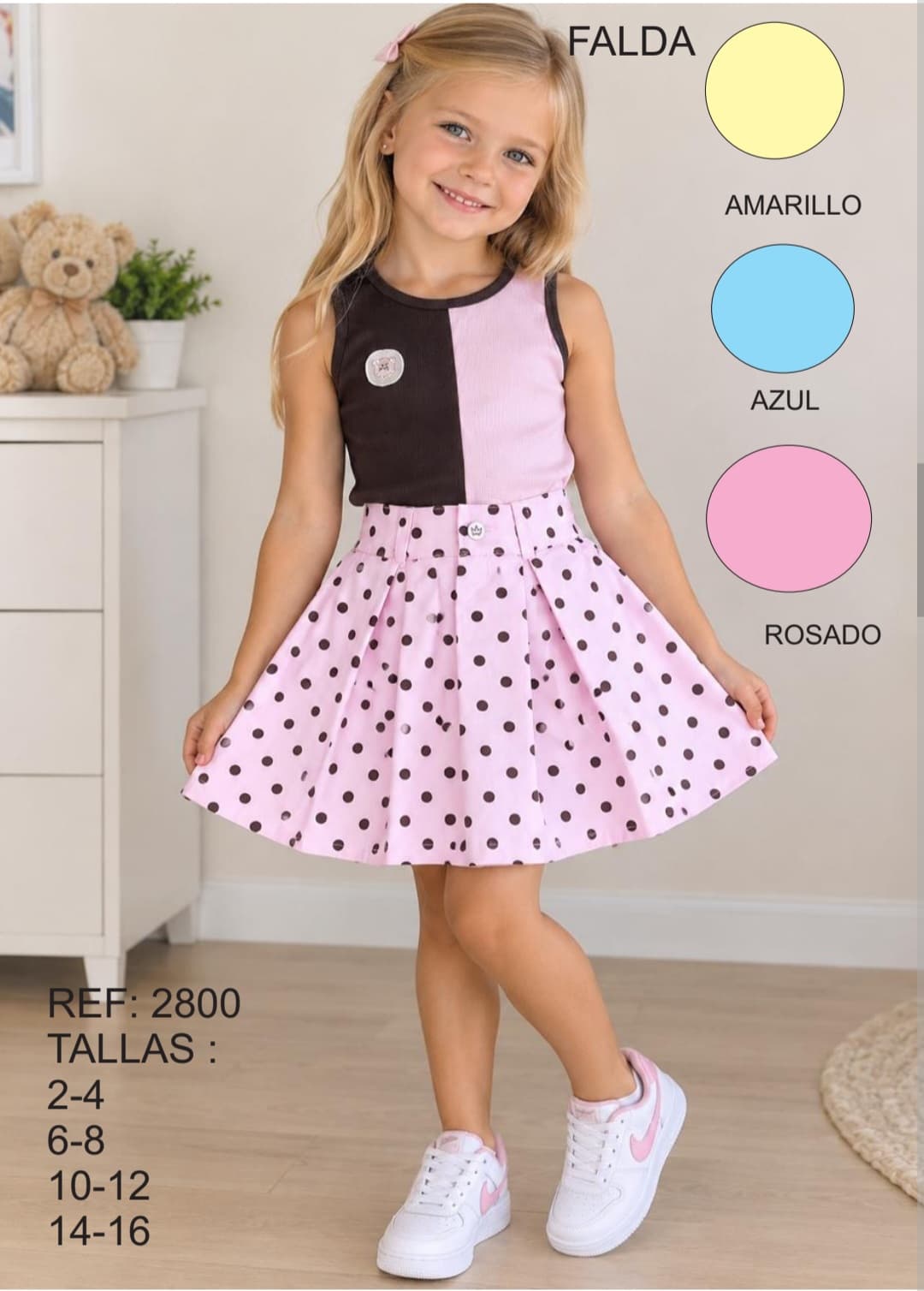Conjunto Infantil de Camiseta Bicolor y Falda de Lunares