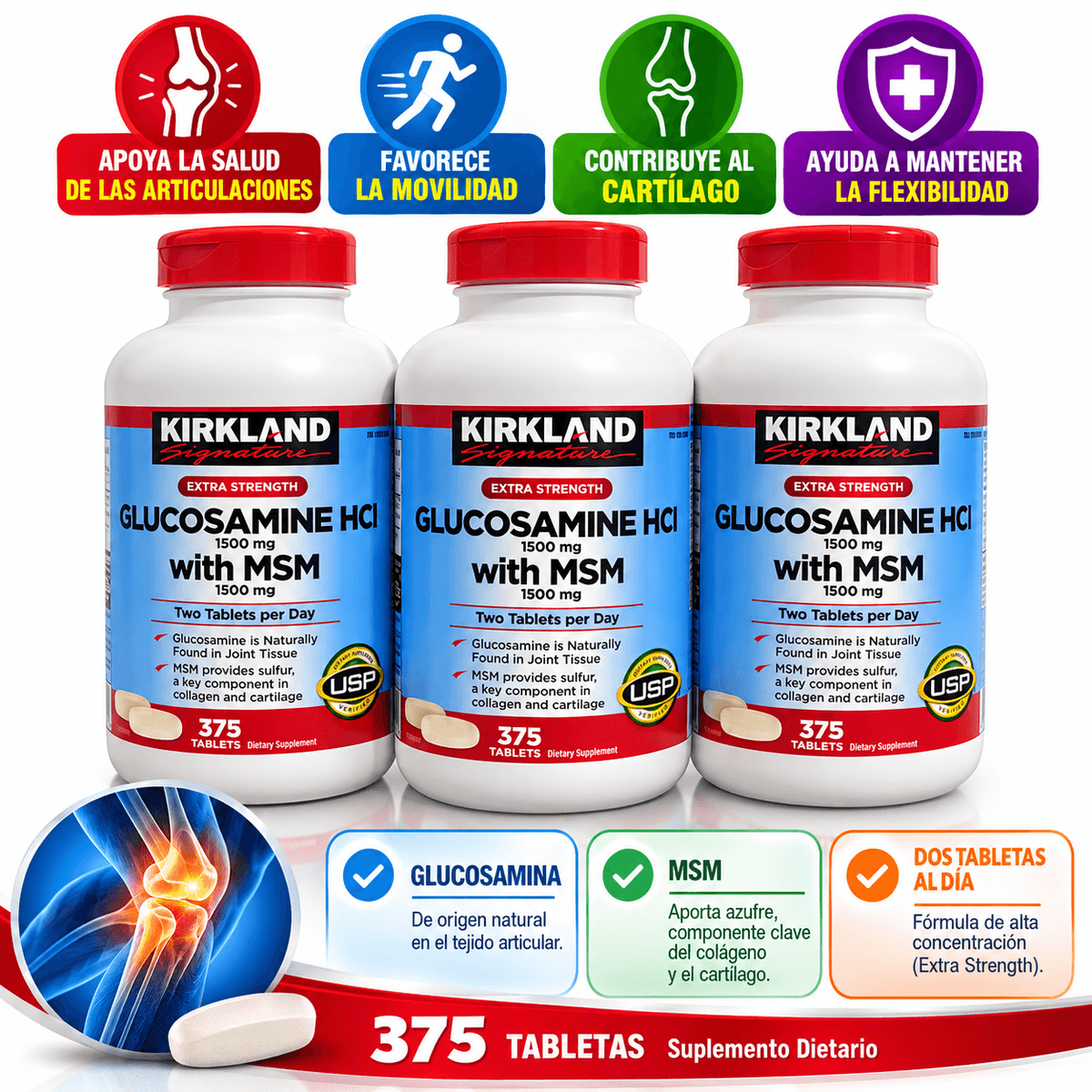 Kirkland Signature Glucosamine HCl 1500 mg + MSM 1500 mg – 375 Tabletas