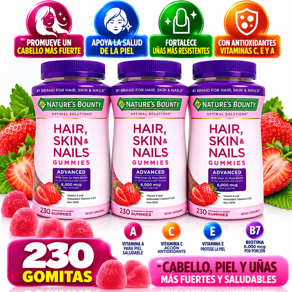 Nature’s Bounty Hair, Skin & Nails Advanced – Gomitas para Cabello, Piel y Uñas con Biotina 6.000 mcg – 230 Gomitas