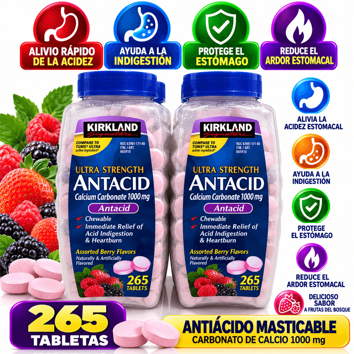 Kirkland Signature Ultra Strength Antiácido Masticable – Carbonato de Calcio 1000 mg, 265 Tabletas