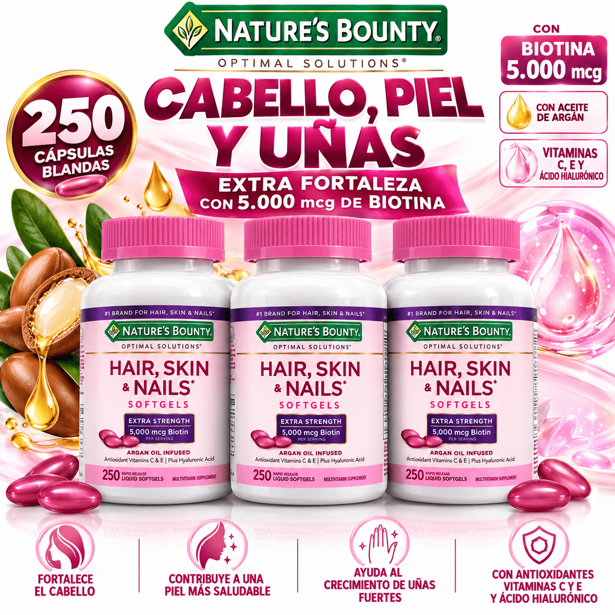Nature’s Bounty Hair, Skin & Nails Extra Strength – Biotina 5.000 mcg, Aceite de Argán y Ácido Hialurónico – 250 Cápsulas Blandas