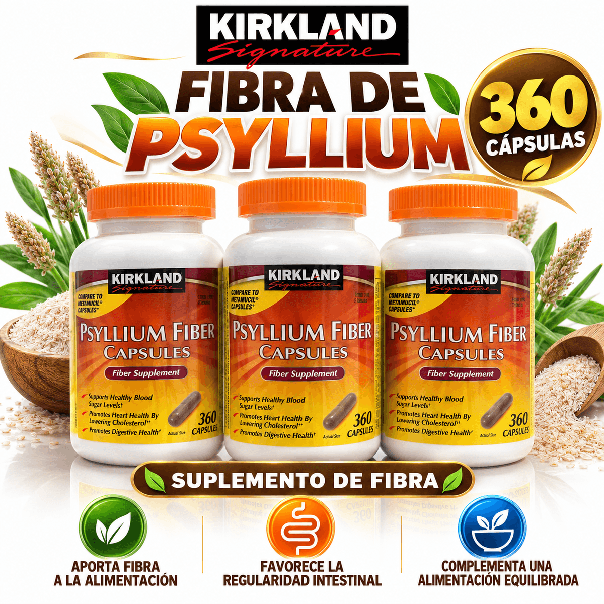 Kirkland Signature Fibra de Psyllium en Cápsulas – 360 Cápsulas