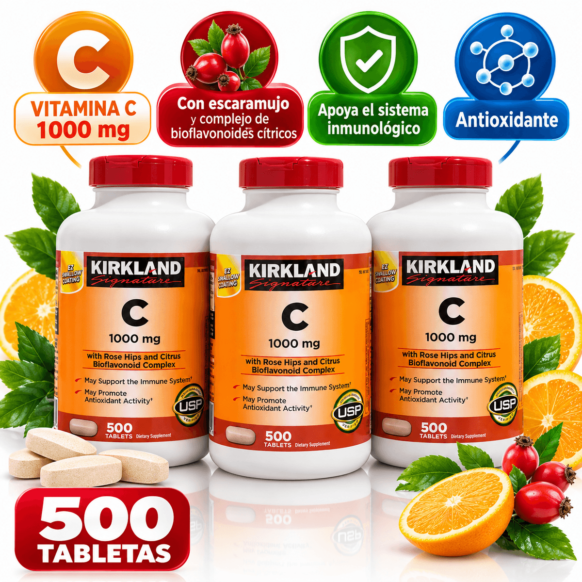 Kirkland Signature Vitamin C 1000 mg con Escaramujo y Bioflavonoides Cítricos – 500 Tableta