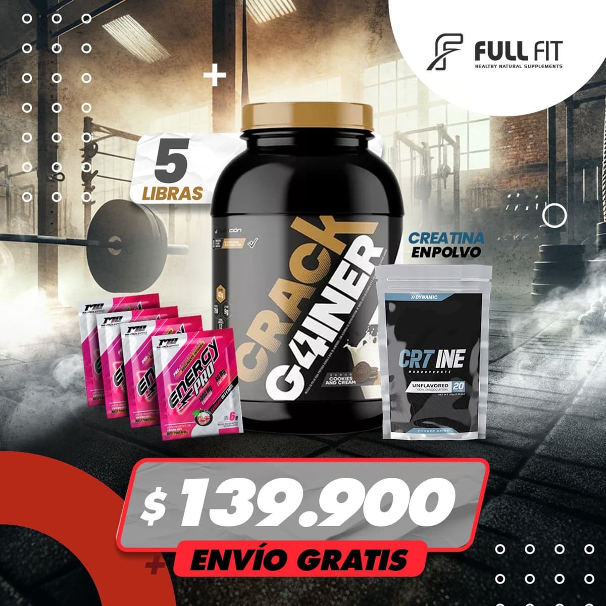 COMBO VOLUMEN CRACK GAINER 5 LB CREA7INE 150G Y 4 ENERGYS