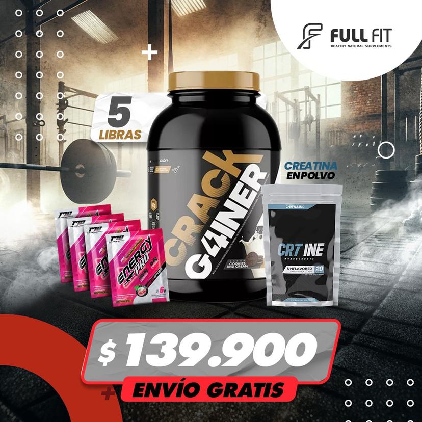 COMBO VOLUMEN CRACK GAINER 5 LB CREA7INE 150G Y 4 ENERGYS 