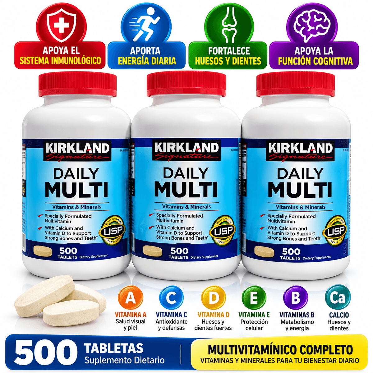 Kirkland Daily Multi 500 Tabletas – Multivitamínico con Vitaminas, Minerales y Calcio