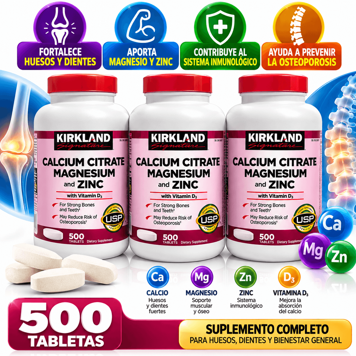 Kirkland Signature Calcium Citrate + Magnesium + Zinc con Vitamina D3 – 500 Tabletas