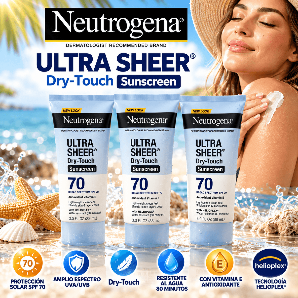 Neutrogena Ultra Sheer Dry-Touch SPF 70 – Protector Solar de Amplio Espectro UVA/UVB con Vitamina E – 88 ml Bloqueador solar