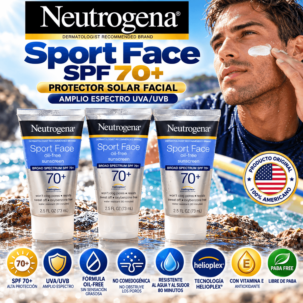 Neutrogena Sport Face SPF 70+ – Protector Solar Facial Oil-Free de Amplio Espectro UVA/UVB – 73 ml