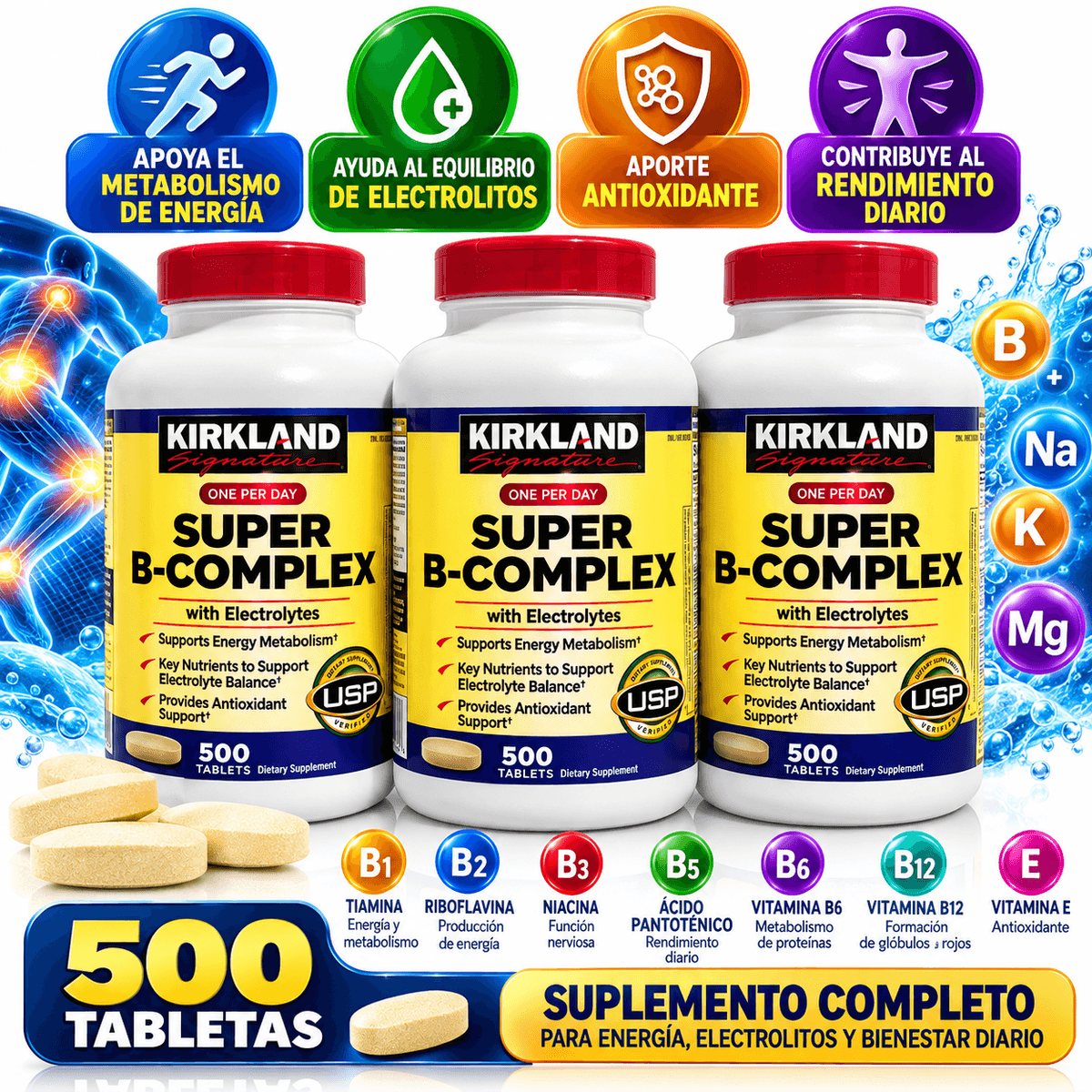 Kirkland Signature Super B-Complex con Electrolitos – 500 Tabletas
