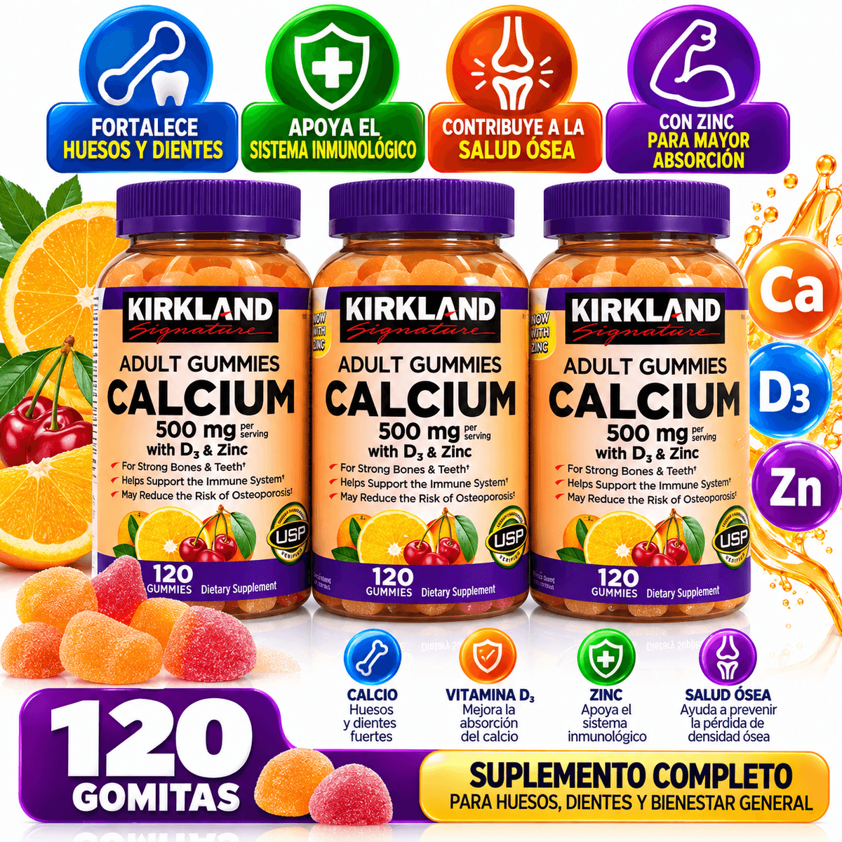 Kirkland Signature Adult Gummies Calcium 500 mg con Vitamina D3 y Zinc – 120 Gomitas