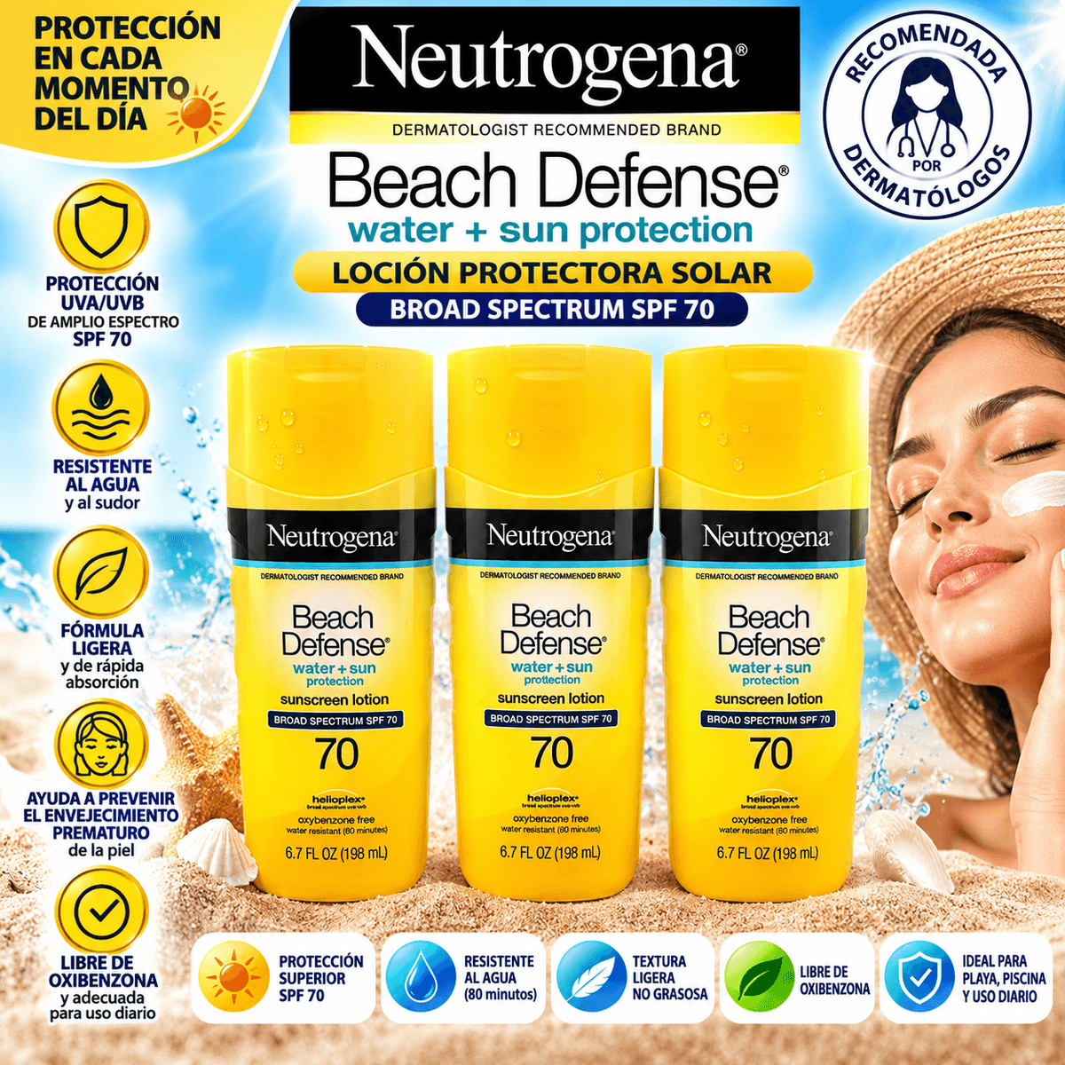 Neutrogena Beach Defense SPF 70 – Loción Protectora Solar de Amplio Espectro UVA/UVB, Resistente al Agua – 198 ml