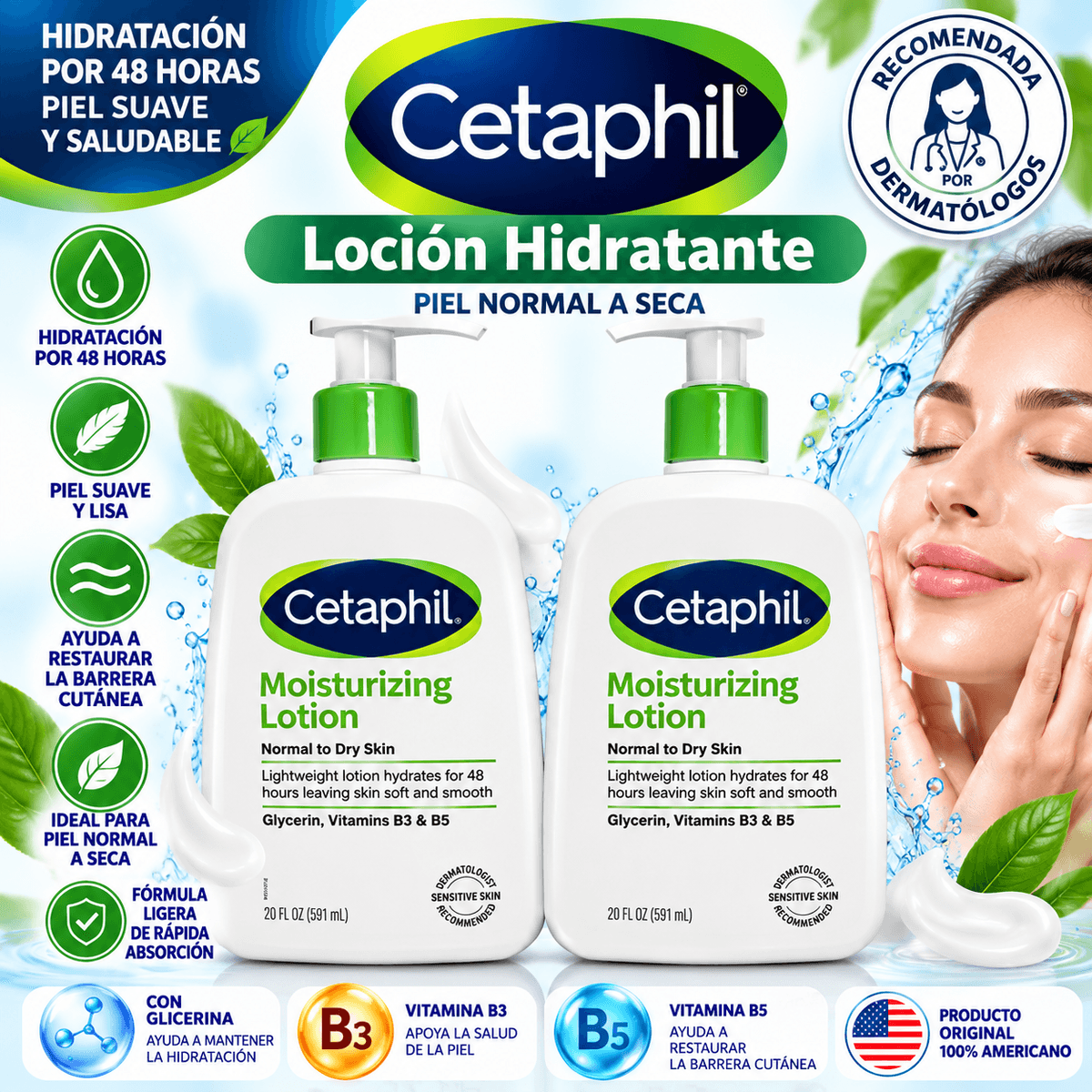 Cetaphil Loción Hidratante para Piel Normal a Seca – Hidratación 48 Horas con Glicerina, Vitaminas B3 y B5 – 591 ml