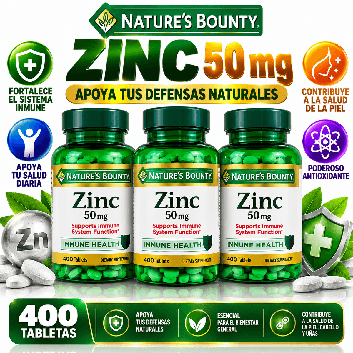 Nature’s Bounty Zinc 50 mg – 400 Tabletas | Suplemento de Zinc