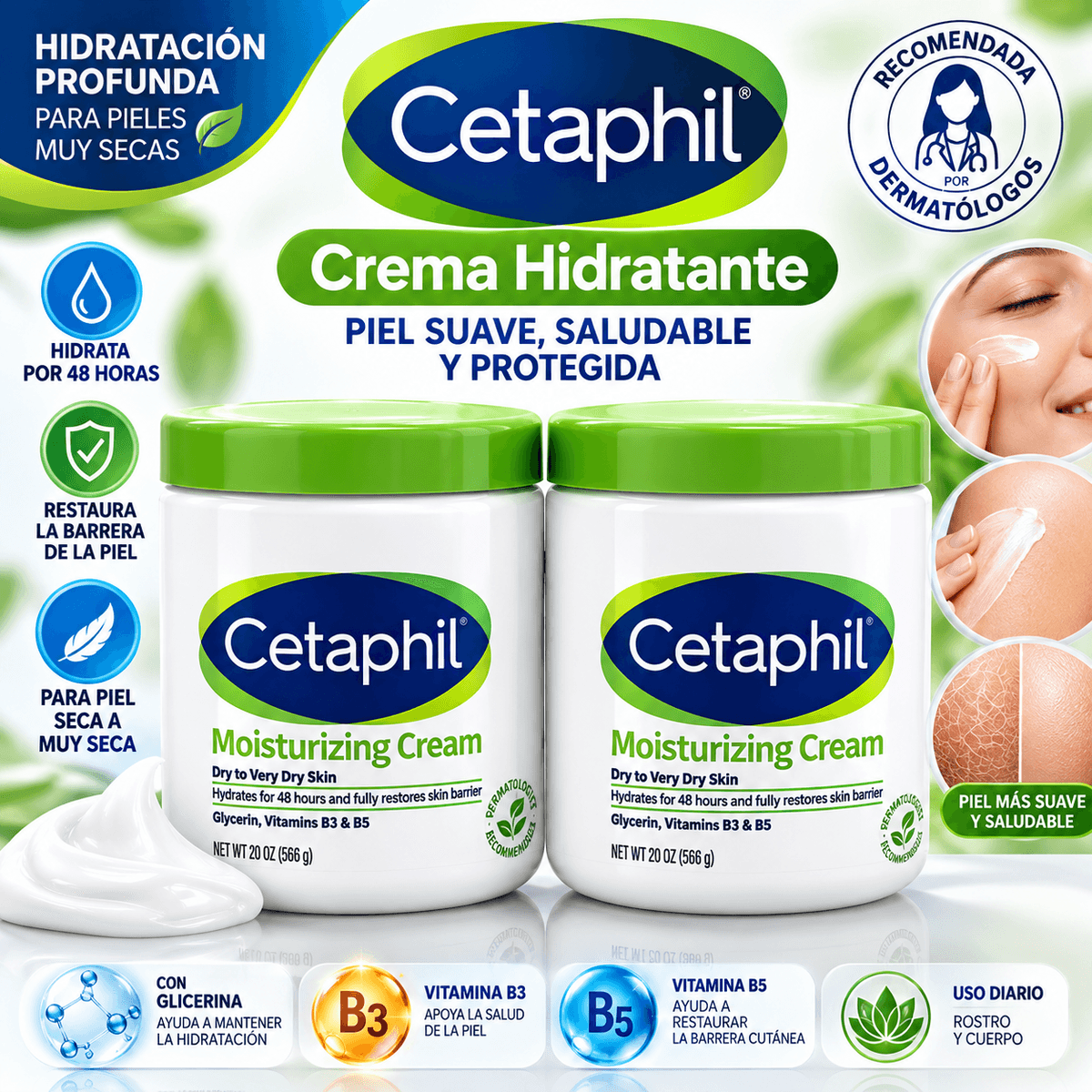 Cetaphil Crema Hidratante para Piel Seca a Muy Seca – Glicerina, Vitaminas B3 y B5 – 566 g