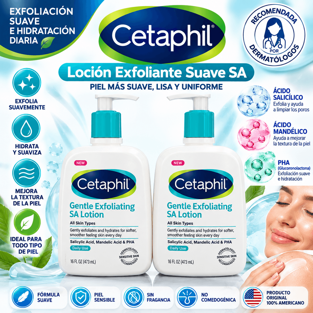 Cetaphil Loción Exfoliante Suave SA – Ácido Salicílico, Ácido Mandélico y PHA – 473 ml