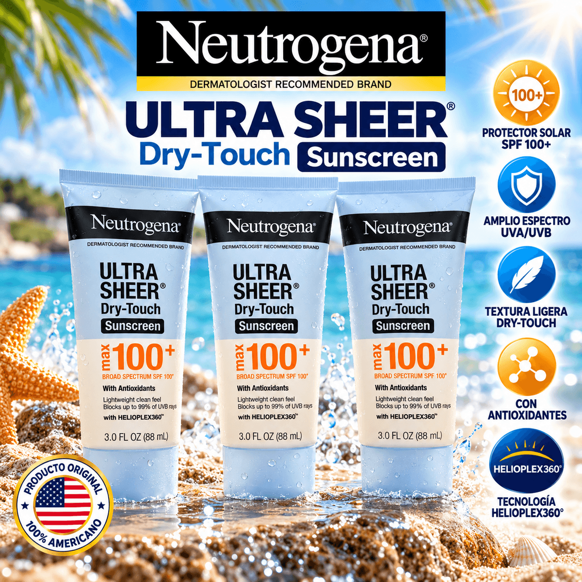 Neutrogena Ultra Sheer Dry-Touch SPF 100+ – Protector Solar de Amplio Espectro UVA/UVB con Antioxidantes – 88 ml
