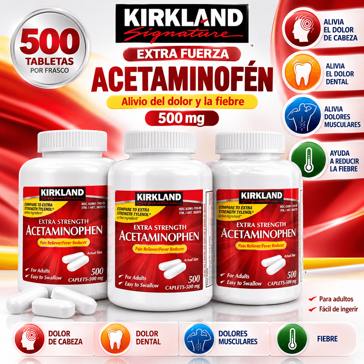 Kirkland Signature Acetaminofén 500 mg Extra Fuerte – Alivio del Dolor y la Fiebre – 500 Tabletas